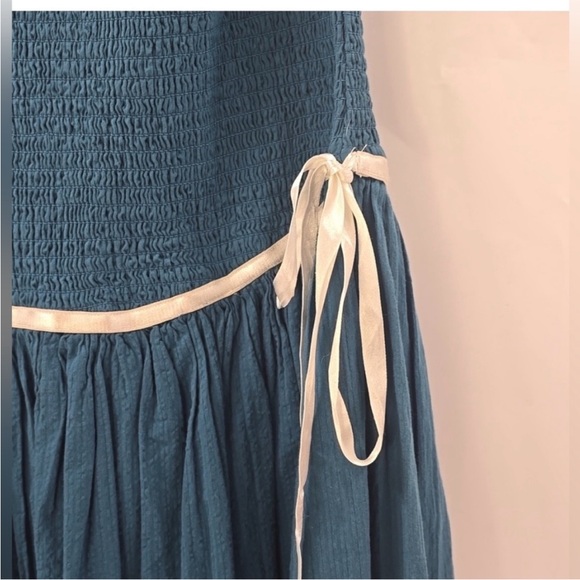 559. FREE PEOPLE Nightingale Seersucker Cotton Midi Dress in Seaside Combo Sz S - Picture 5 of 6